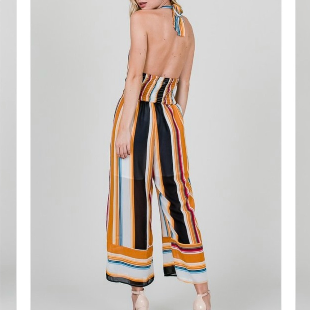 STRIPE PRINT HALTER OPEN BACK PALAZZO JUMPSUIT - Picture 4 of 8